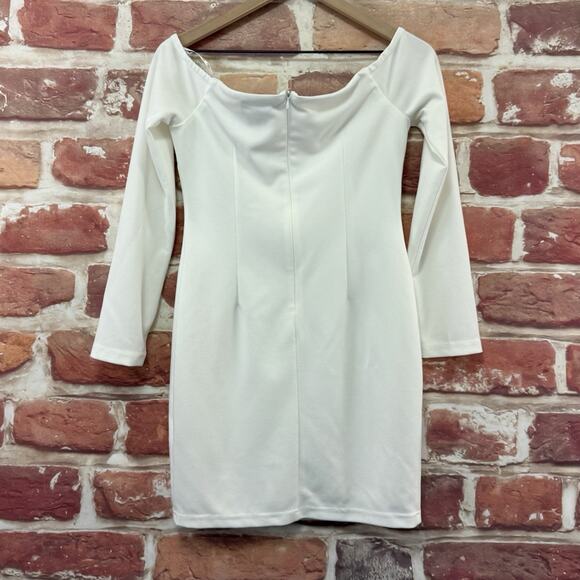 Lulus Over The Swoon Dress L White Stretchy Bodycon Long Sleeve Mini Zipper Back - Picture 4 of 7